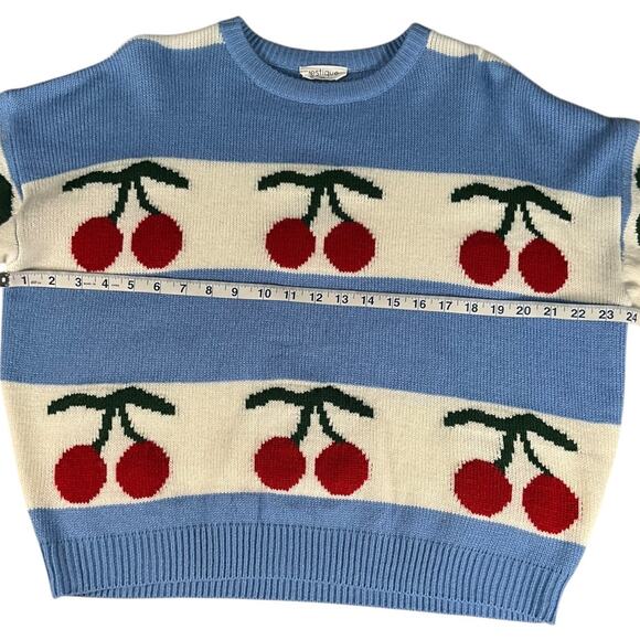 Vestique Cherry Sweater XS Blue Cream Cozy Knit Playful Y2K Cottagecore Cozy - Picture 6 of 10